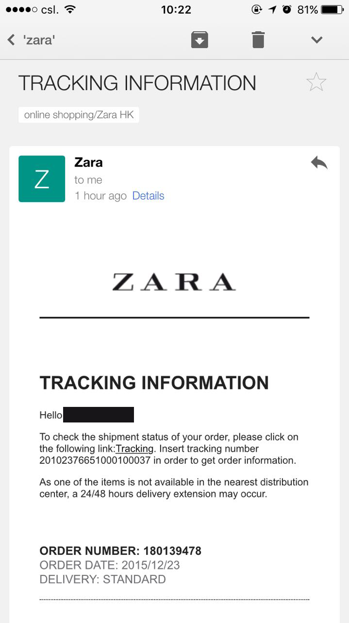 Tracking number standard delivery